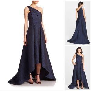 Pamela Roland one shoulder jacquard dress. Blue. Gorgeous train. Size 12.